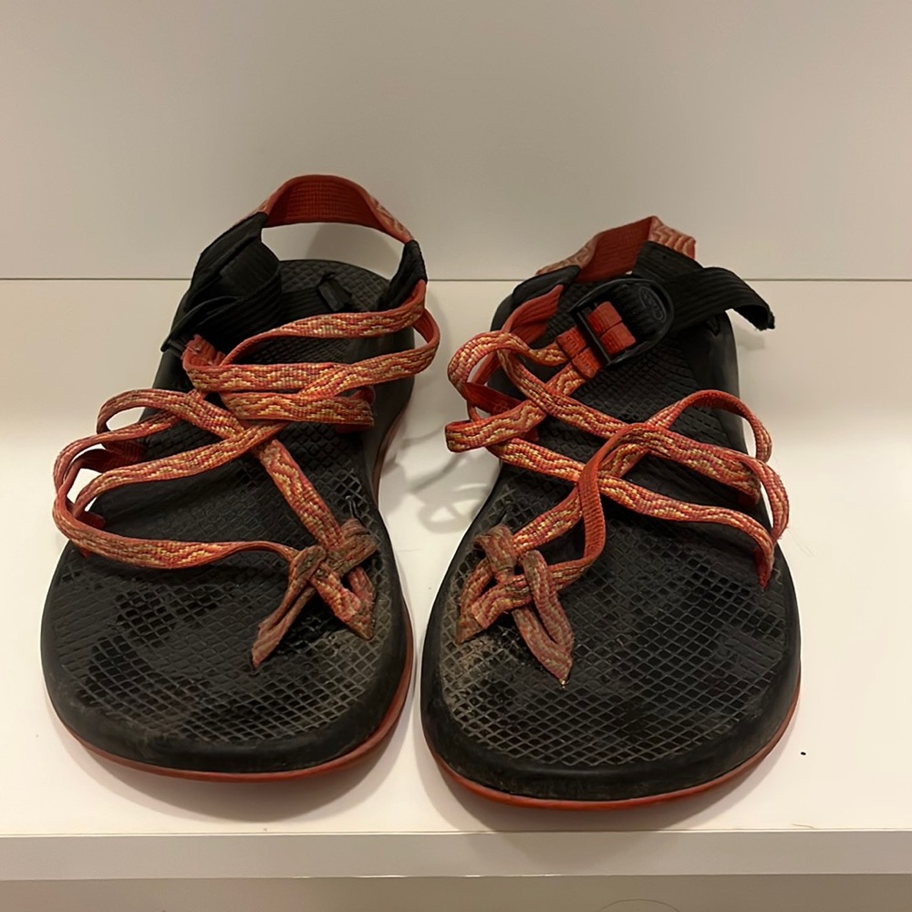 Chaco Chacos Vibram red and yellow strap sandals with toe strap size 8